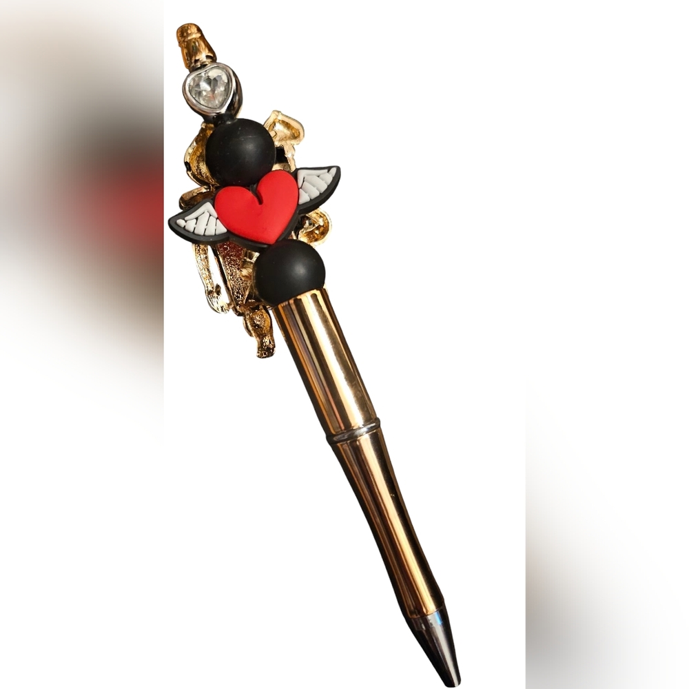 NEW GOLD FASHION PEN ACE OF SPADES BROUCHE PEN WITH ANGEL HEART WINGS - Picture 2 of 2